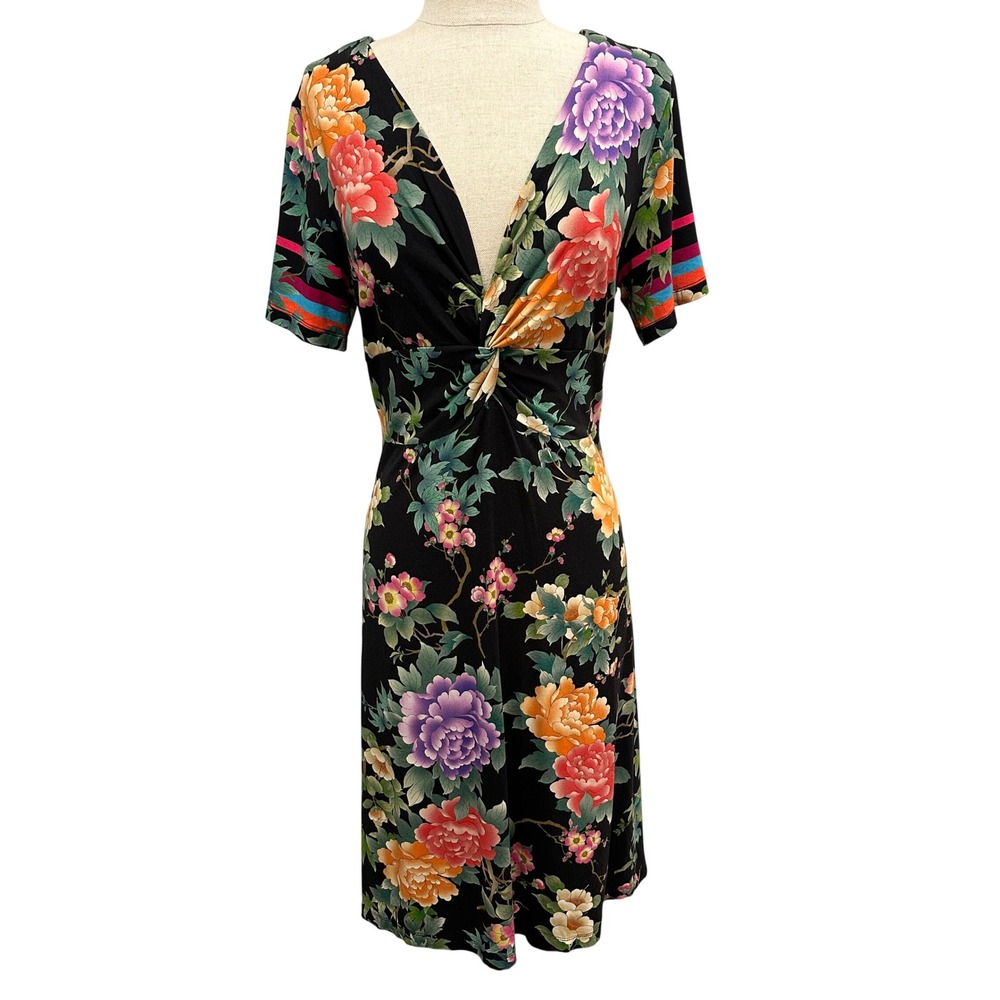 Johnny Was Los Angeles Floral Knot Front V-Neck Midi Dress Black Small R36724-5